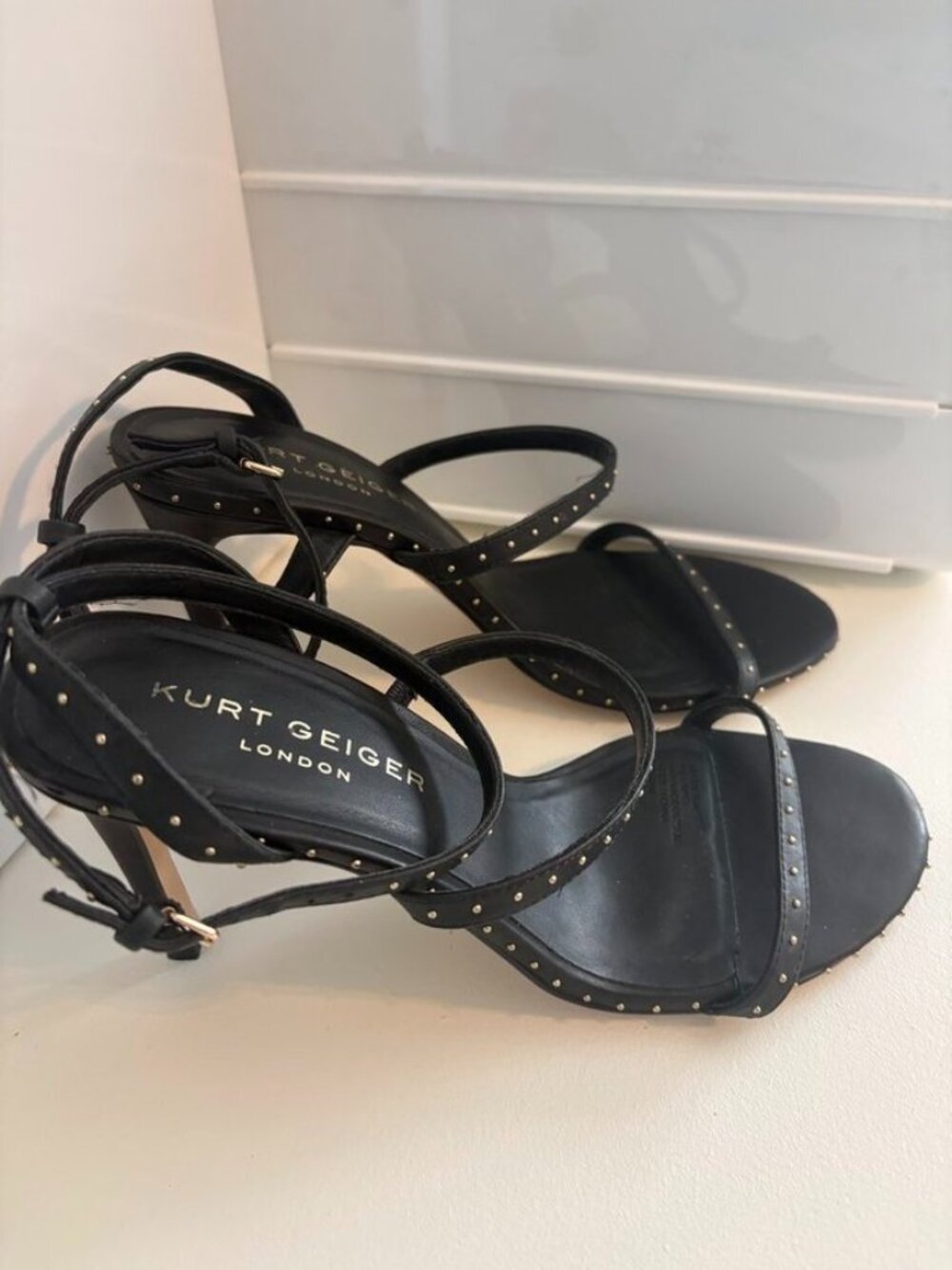 Kurt Geiger London Portia Black Leather Ankle Strap Dress Sandals Size 9.5